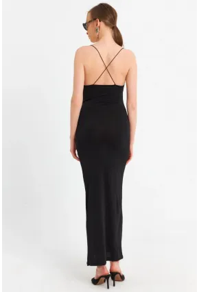 Kadın Siyah Degaje Yaka Askılı Maxi Elbise DMR289