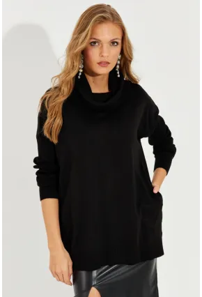 Kadın Siyah Degaje Yaka Cepli Triko Kazak YZ519