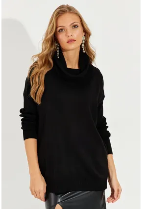 Kadın Siyah Degaje Yaka Cepli Triko Kazak YZ519