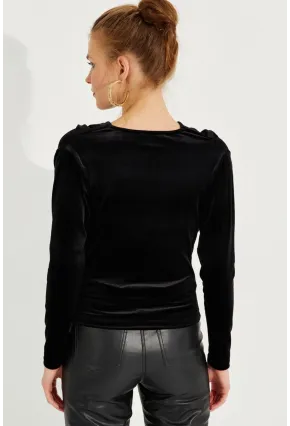 Kadın Siyah Degaje Yaka Kadife Bluz LPP1242