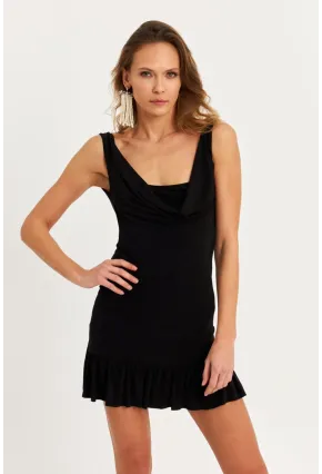 Kadın Siyah Degaje Yaka Mini Elbise HOR0078