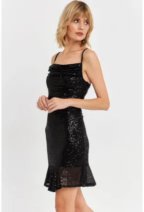 Kadın Siyah Degaje Yaka Pullu Mini Elbise DCF129