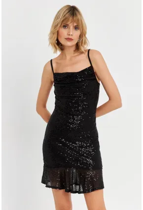 Kadın Siyah Degaje Yaka Pullu Mini Elbise DCF129