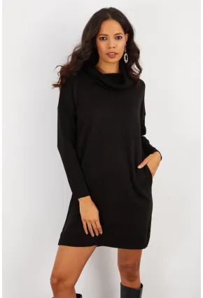 Kadın Siyah Degaje Yaka Triko Mini Elbise YV73