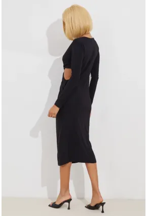 Kadın Siyah Dekolteli Büzgülü Midi Elbise BK1591