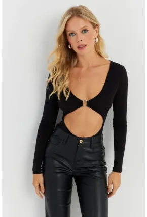 Kadın Siyah Dekolteli Çıtçıtlı Body MEN2026
