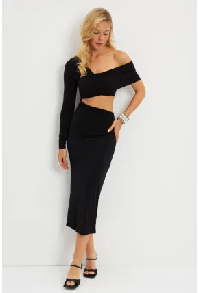 Kadın Siyah Dekolteli Midi Elbise MEN2046