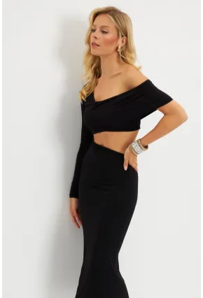 Kadın Siyah Dekolteli Midi Elbise MEN2046