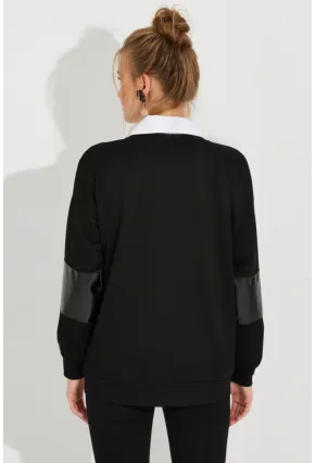 Kadın Siyah Deri Bloklu Sweathirt ST6015