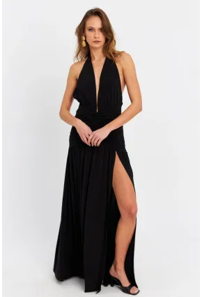 Kadın Siyah Derin Yırtmaçlı Büzgülü Midi Elbise B6008