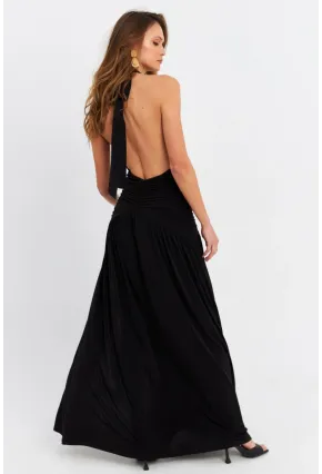 Kadın Siyah Derin Yırtmaçlı Büzgülü Midi Elbise B6008