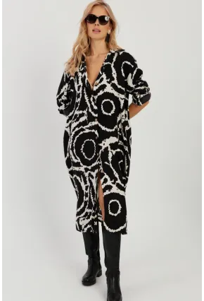 Kadın Siyah Desenli Gömlek Elbise LV174