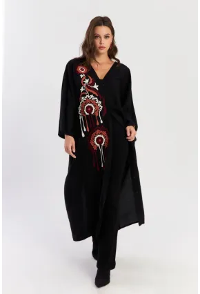 Kadın Siyah Desenli Maxi Dokuma Elbise ALO150