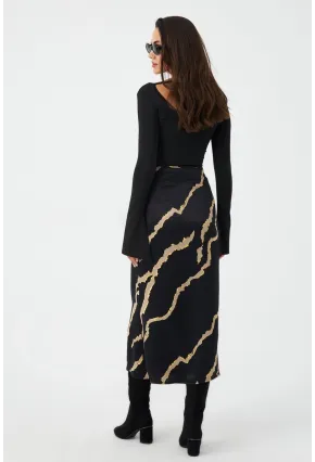 Kadın Siyah Desenli Saten Etek CAR1060