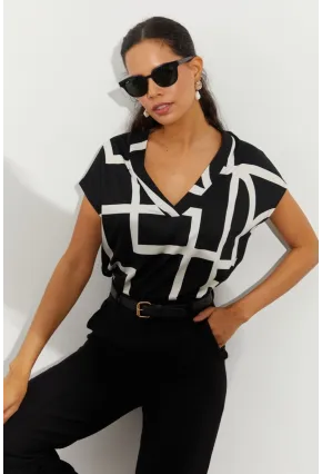 Kadın Siyah Desenli V Yaka Bluz LPP1217
