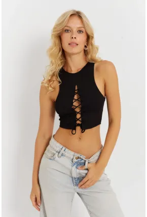Kadın Siyah Detaylı Crop Bluz AYD375