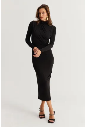 Kadın Siyah Drape Maxi Elbise DMR377