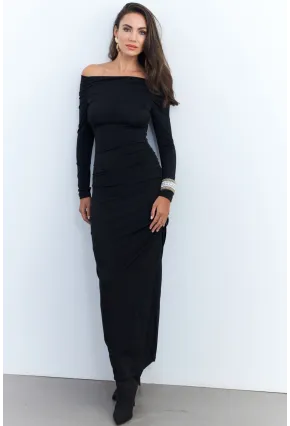 Kadın Siyah Drapeli Maxi Elbise SHR7