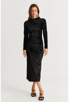 Kadın Siyah Drapeli Midi Elbise MON1113