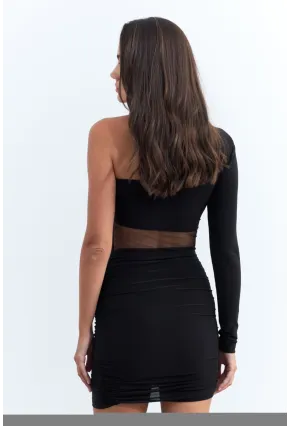 Kadın Siyah Drapeli Tül Detaylı Mini Yılbaşı Elbise ELT3850