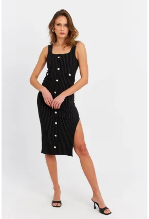 Kadın Siyah Düğme Aksesuarlı Çizgili Midi Elbise SDY1253