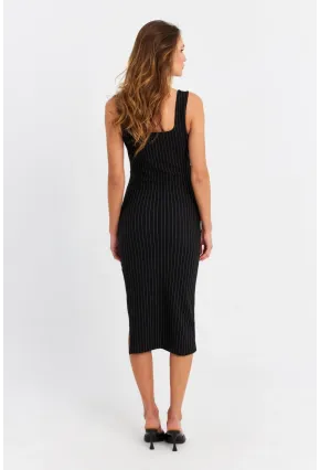 Kadın Siyah Düğme Aksesuarlı Çizgili Midi Elbise SDY1253