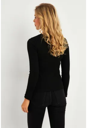 Kadın Siyah Düğme Aksesuarlı Kaşkorse Bluz EY2914