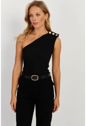 Kadın Siyah Düğme Detaylı Asimetrik Kaşkorse Bluz EY2711