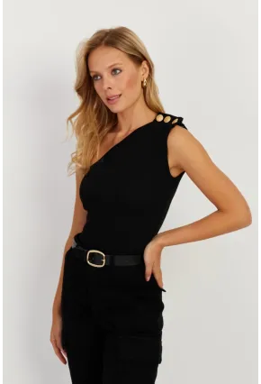 Kadın Siyah Düğme Detaylı Asimetrik Kaşkorse Bluz EY2711