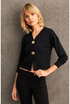 Kadın Siyah Düğme Detaylı Bluz TF57