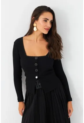 Kadın Siyah Düğme Detaylı Kare Yaka Bluz EY2987