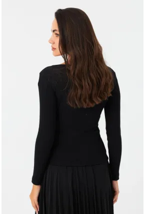Kadın Siyah Düğme Detaylı Kare Yaka Bluz EY2987
