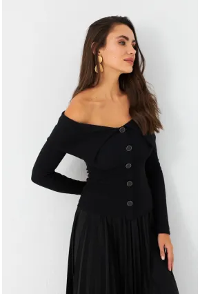 Kadın Siyah Düğme Detaylı Kaşkorse Bluz EY2985