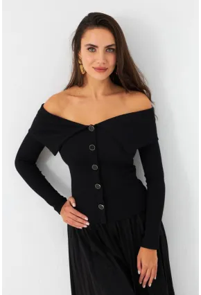 Kadın Siyah Düğme Detaylı Kaşkorse Bluz EY2985
