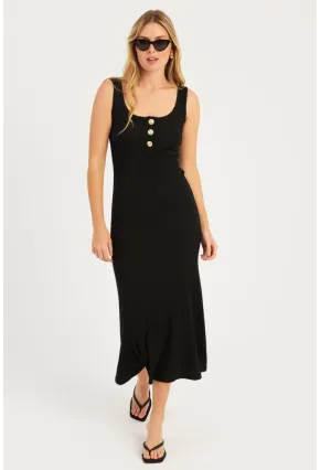 Kadın Siyah Düğme Detaylı Kaşkorse Maxi Elbise EY2759