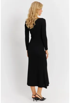 Kadın Siyah Düğme Detaylı Kaşkorse Midi Elbise EY2854