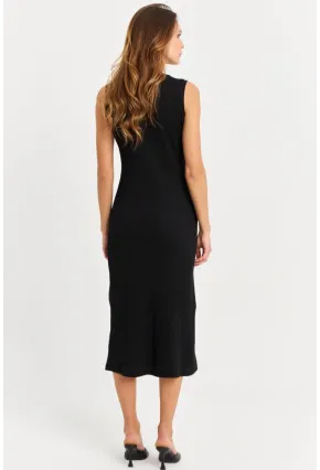 Kadın Siyah Düğme Detaylı Kaşkorse Midi Elbise TF74