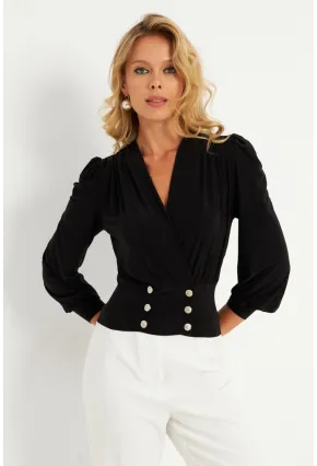 Kadın Siyah Düğme Detaylı Kruvaze Bluz ELT3188