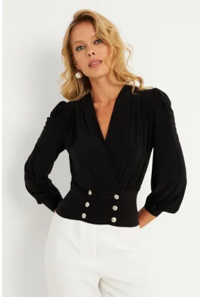 Kadın Siyah Düğme Detaylı Kruvaze Bluz ELT3188