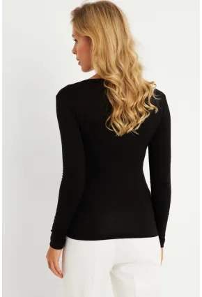 Kadın Siyah Düğme Detaylı Kruvaze Bluz EY2865