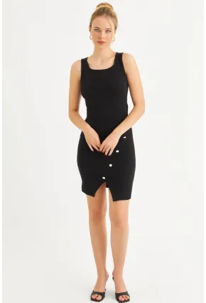 Kadın Siyah Düğme Detaylı Midi Elbise URO1111