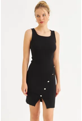 Kadın Siyah Düğme Detaylı Midi Elbise URO1111