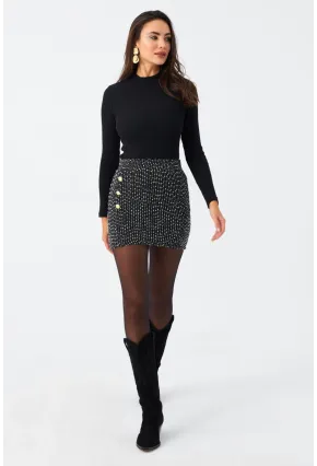 Kadın Siyah Düğme Detaylı Mini Etek RX447