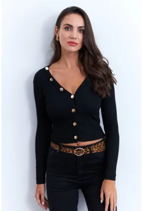 Kadın Siyah Düğmeli Kısa Hırka EY2952