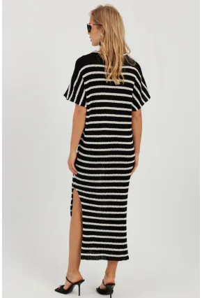 Kadın Siyah-Ekru Ajurlu Triko Midi Elbise YZ622