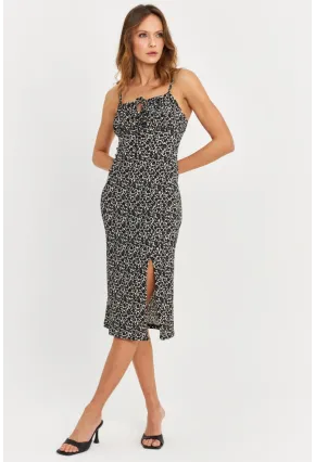 Kadın Siyah-Ekru Askılı Bürümcük Midi Elbise KAB302