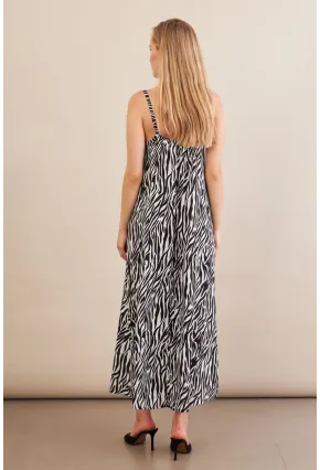 Kadın Siyah-Ekru Boyun Bağlamalı Midi Elbise AN6005