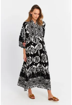 Kadın Siyah-Ekru Desenli Salaş Midi Elbise MALO3002