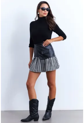 Kadın Siyah-Ekru Kazayağı Suni Deri Mini Etek NH93