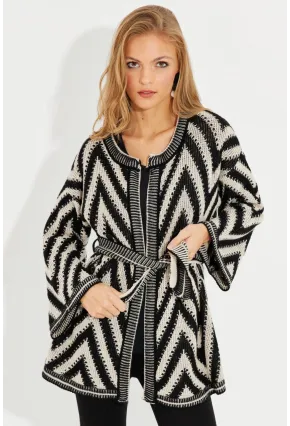 Kadın Siyah-Ekru Kemerli Zikzak Triko Hırka MİW1525